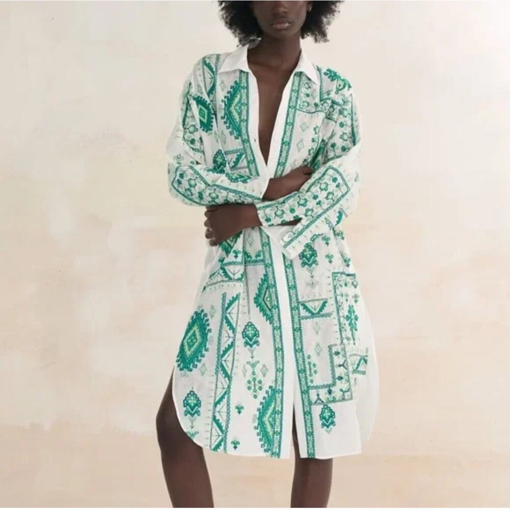 Zara embroidered shirt dress Green Kaftan Dress M Oversized Beach Resort Boho